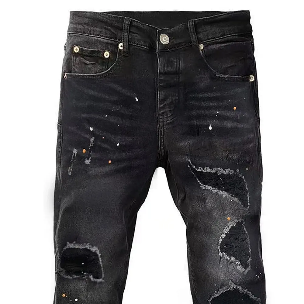 Men Holes Ripped Denim Jeans Streetwear Slim Tapered Stretch Pants Painted Black Trousers