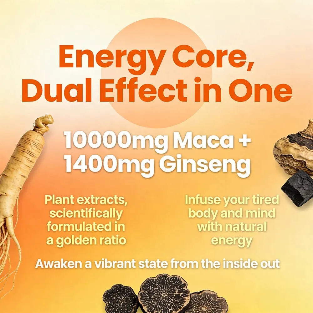 Maca Root Capsules 10000mg with Ginseng Energy Muscle Mood Energy Strength & Men's Health Support Relieve Fatigue