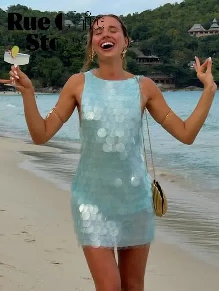 Gaun Tanpa Lengan Punggung Terbuka Payet Seksi Gaun Mini Selempang Bodycon Pinggang Tinggi Chic Wanita 2026 Pakaian Klub Pesta Liburan Pantai Wanita