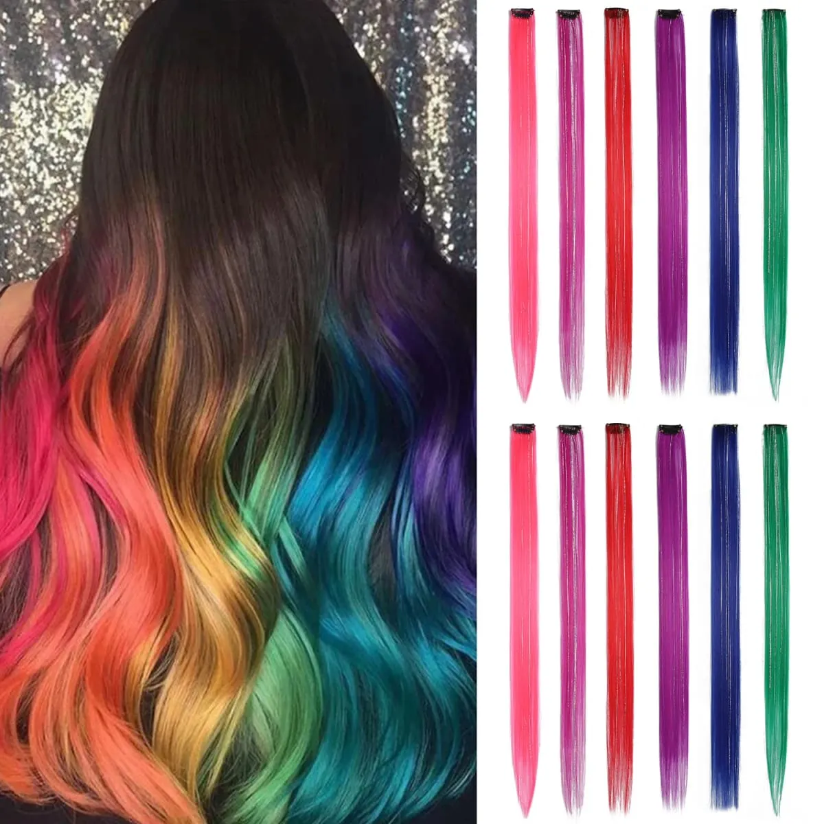 Multicolor Clip in Hair Extensions Mix tinsels Colored Hair Extensions 2 in 1 Rainbow Hair with Silver Tinsels for Kids Girls