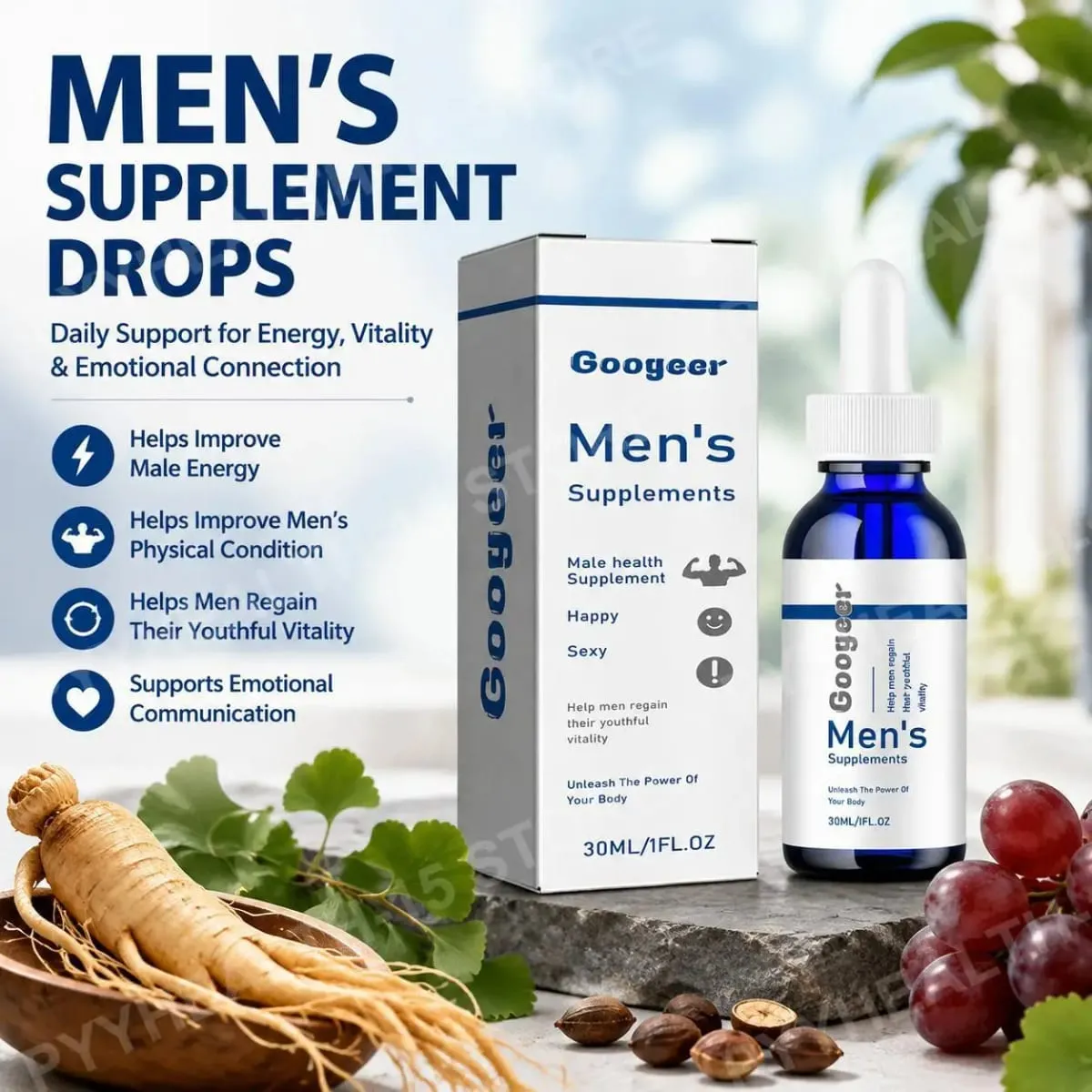 Men's Supplements Drops with Panax Ginseng Ginkgo Biloba Grape Seed and Vitamin B12 for Energy & Daily Vitality Support 30 ML