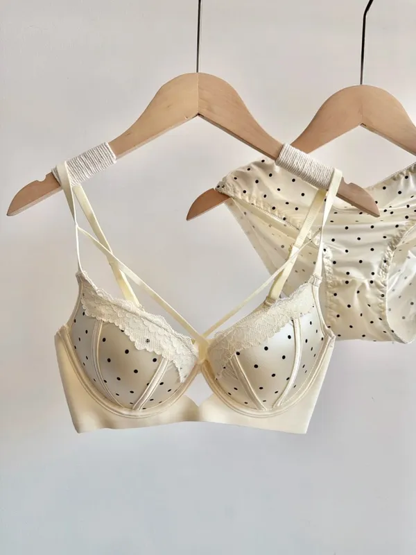 Best Selling Sweet Push Up Bra Set French Lace Polka Dot Small Cup Shaping Lingerie Breathable Comfort Women Intimate Underwear