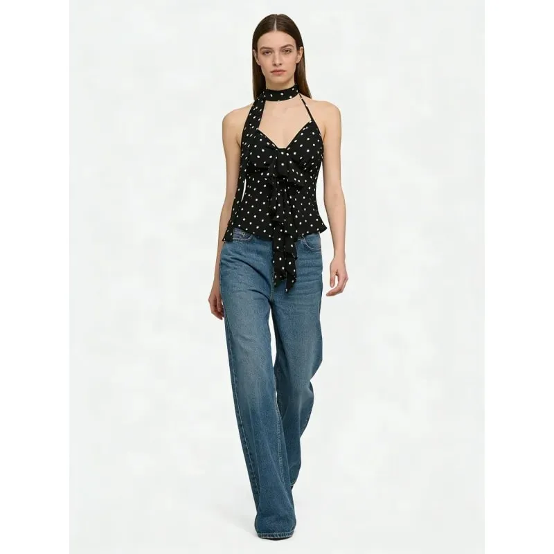 Y2K Spicy Girl Sleeveless Tank Vest Women 2026 Summer American Pure Desire Polka Dot Halter Tie Bow Asymmetric Slim Cami Top
