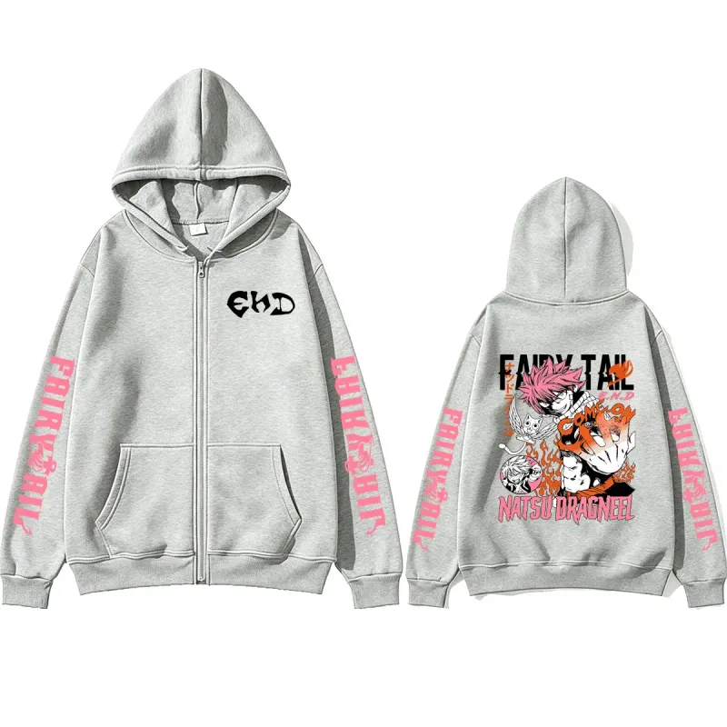 Anime Fairy Tail Zipper Hoodie Manga Natsu Dragneel Graphic Print Zip Up Jacket Coat Men Women Fashion Casual Oversized Hoodies