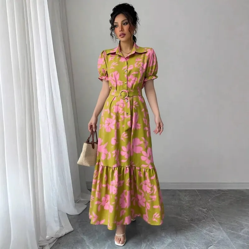YuooMuoo Summer Style Floral Print Women Dress 2026 New Arrival Vintage Turn-down Collar Slim Waist Long Shirt Dress Vestidos