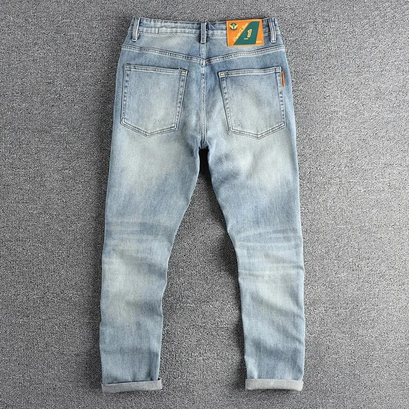 Ny tvätt ljusblå slipad vita jeans herr våren Amerikanskt modemärke små raka ben retro casual ungdomsbyxor — image 3
