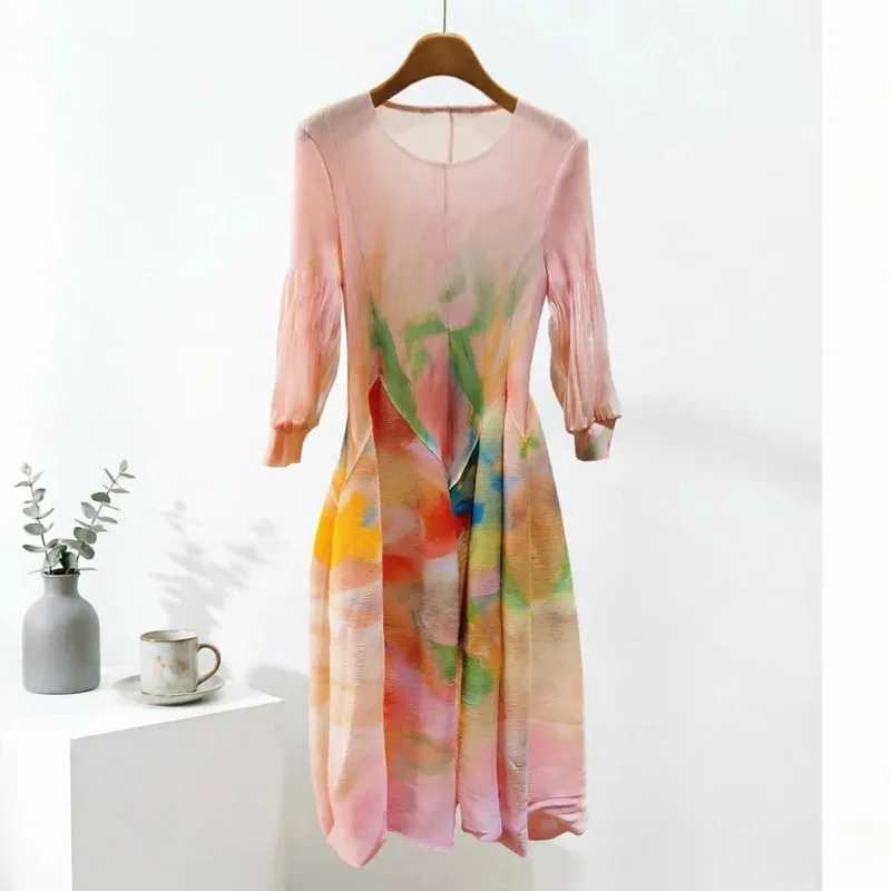 Miyake Plissee Kleider 2026 Herbst Neue Sanfte Französisch Druck Elegante Stretch Plus Größe frauen Langarm Bounce Blume Knospe kleid