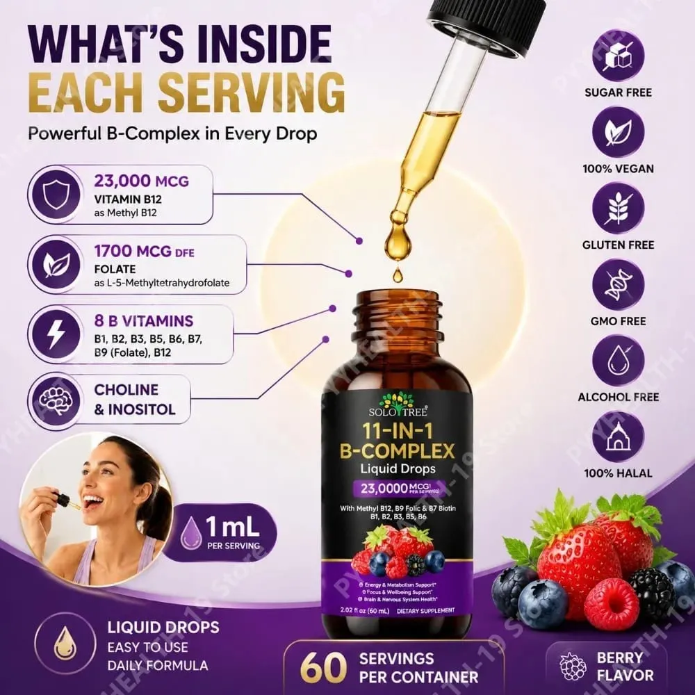 B-Complex Liquid Drops 11-in-1 Methyl B12 Folate Biotin For Energy Focus & Brain Nervous Support Formula Adult 60ml