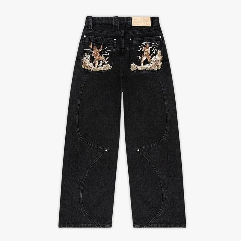 Men Black Baggy Jeans with Warrior Embroidery Pockets Wide Leg Denim Pants Y2K Streetwear Hip Hop Trousers