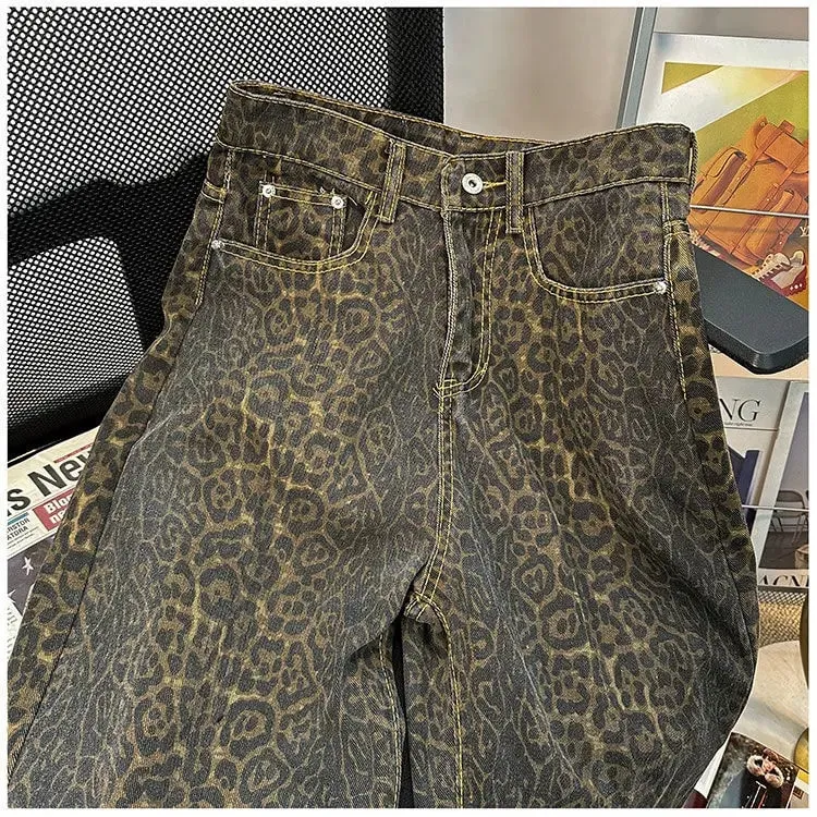 American Vintage High Street Men's Leopard Casual Trendy Loose Wide Leg Straight Denim Trousers Male Simple Basic Jeans Pants