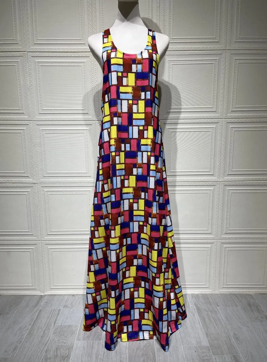 Colored Squares Sleeveless Long Dresses Women Fashion Sexy U-neck Pocket Loose Maxi Dress Summer Lady Vacation Commuting Vestido
