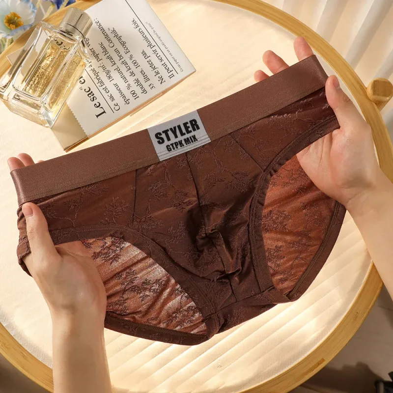 1/3PCS Sexy Perspective Men's Briefs Luxury Jacquard Smooth Ice Silk Mens Intimate Underwear Breathable 3D Mesh Pouch Lingerie