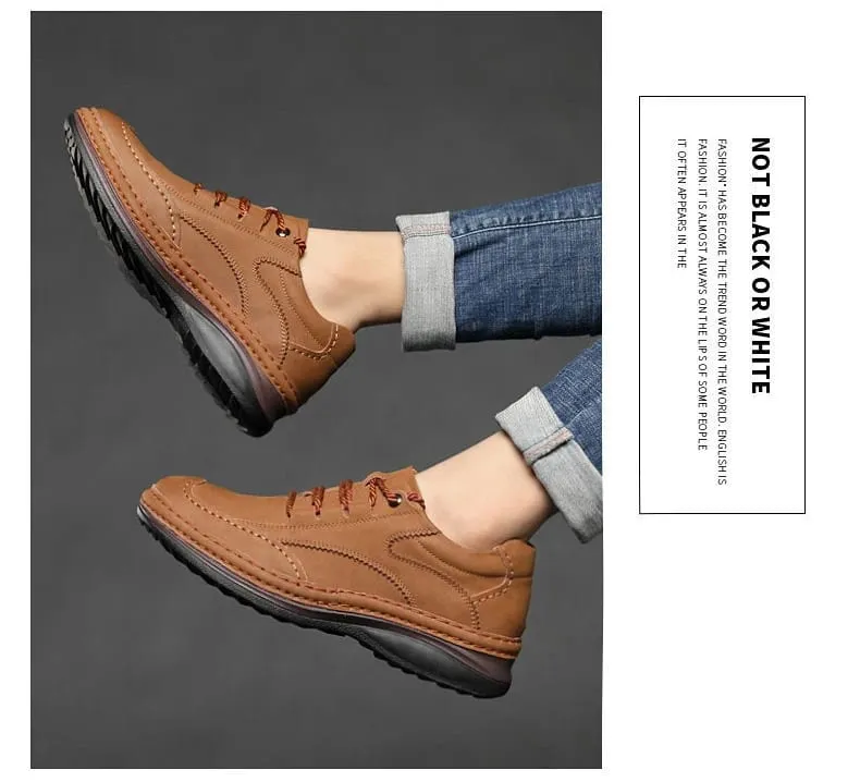Men Handmade Stitching Cowhide Shoes Casual Lace Up Walking Footwear Comfort Non Slip Rubber Sole Breathable Outdoor Daily Shoes