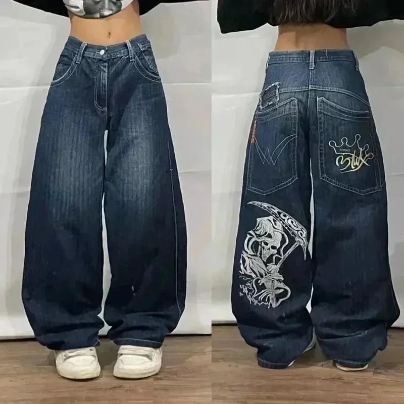 American Y2K Hip Hop Fashion Trend Skull Embroidery Spot Jeans Men Street Loose Straight Wide-leg Pants Couple Oversized Jeans