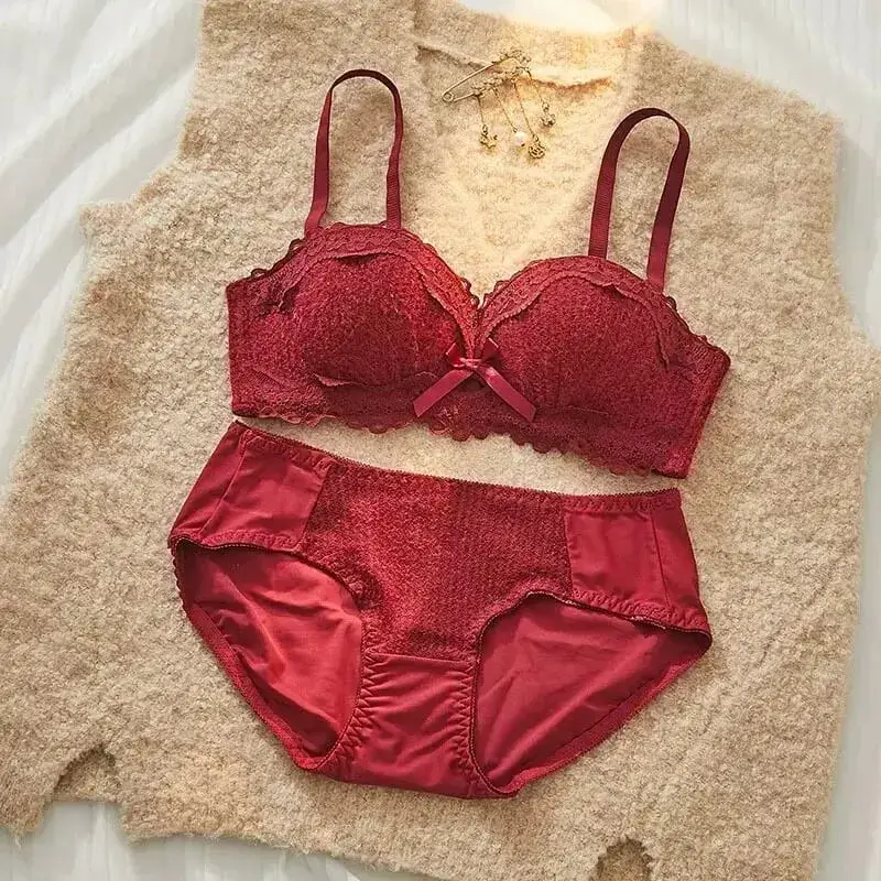 Lace Sexy Lingerie Set Push Up Thick Padded Small Breast Enhance Shaping Half Cup Bra Concealed Brief Intimates Underwear