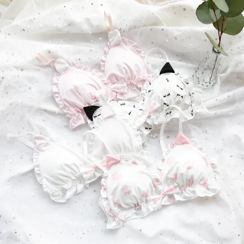 Japanese soft girl bra set cute kitten paw design milk silk fabric wire-free triangular cup women's lingerie — image 3