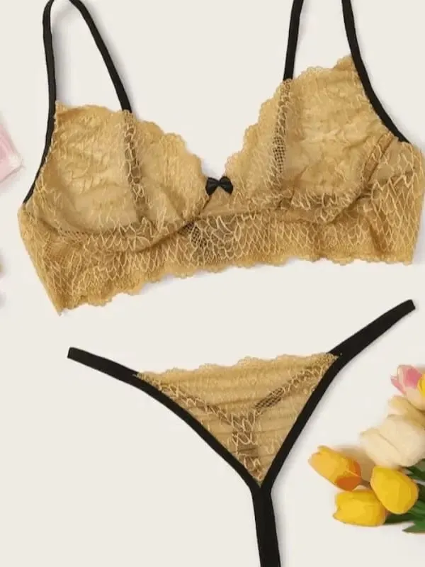 Sexy See through Lingerie Set with Suspender Transparent Bra And Panties for Young Women Fixed Strap Bralette Thin Cup Design