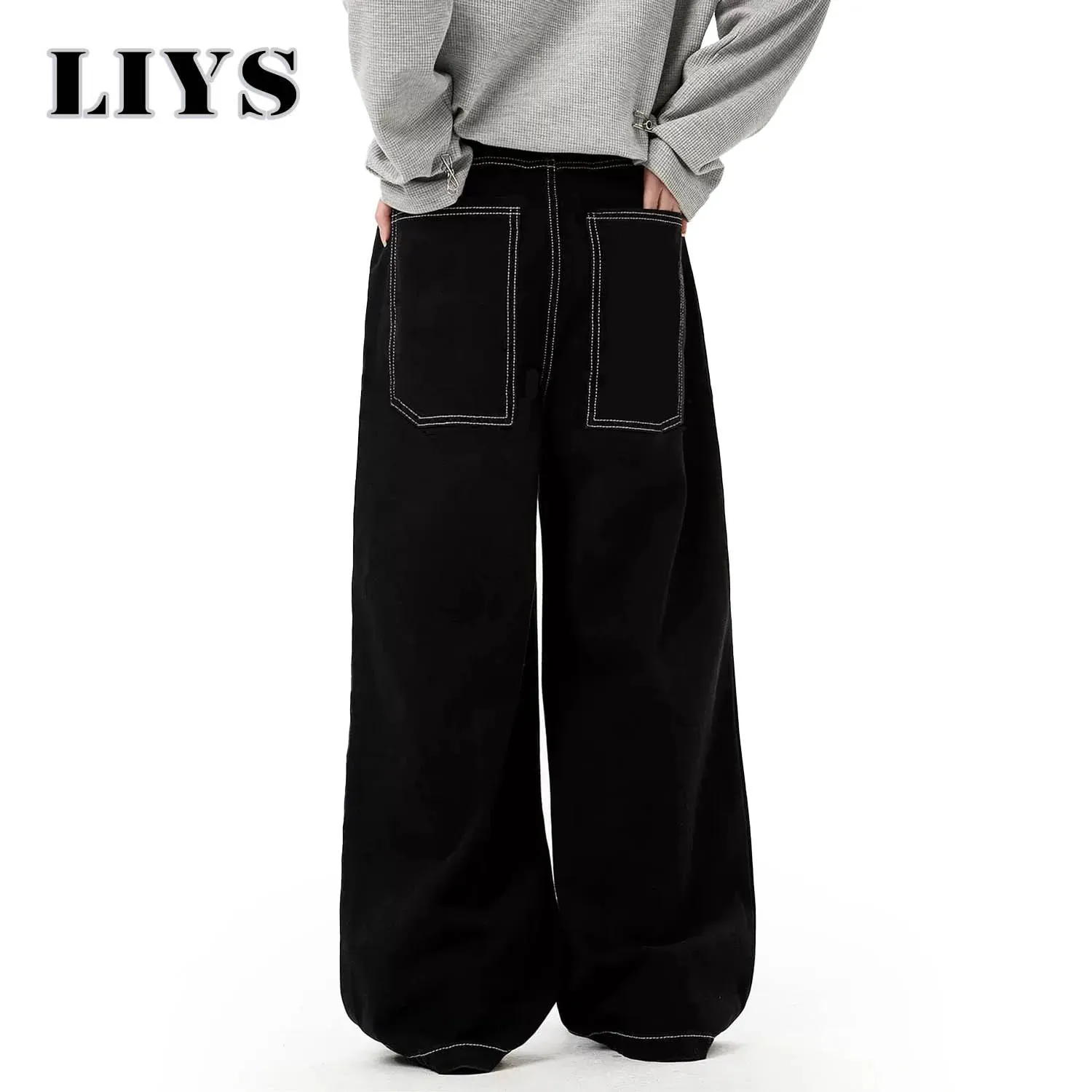 Spring Summer Men's Retro Black Baggy Wide Leg Jeans American Basic Unisex Daily Casual Denim Pants Women's Black Stacked Jeans