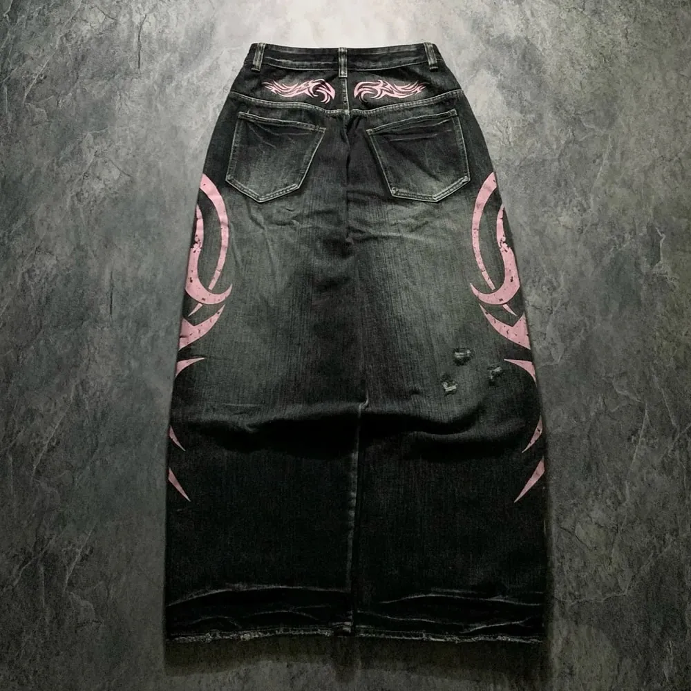 Y2K American Vintage Mottled Totem Print Baggy Jeans Women's High Waist Wide Leg Jeans Men Clothing Harajuku Trendy Hip Hop Pant