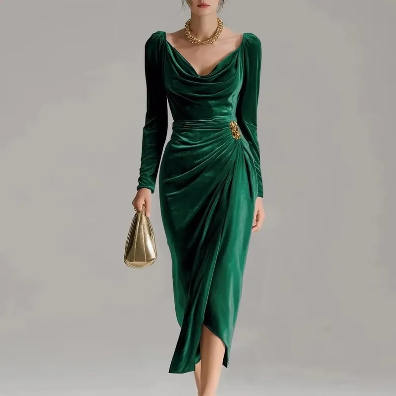 2025 Women's European & American Fashion Leisure Velvet Sexy New Long-sleeved Slimming Pleated Long A-line Split Bodycon Dress