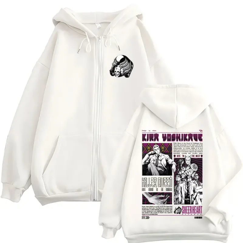 Anime Jojo Bizarre Adventure Kira Yoshikage Killer Queen Zipper Hoodies Men Women Fashion Zip Up Hooded Sweatshirts Jackets Coat