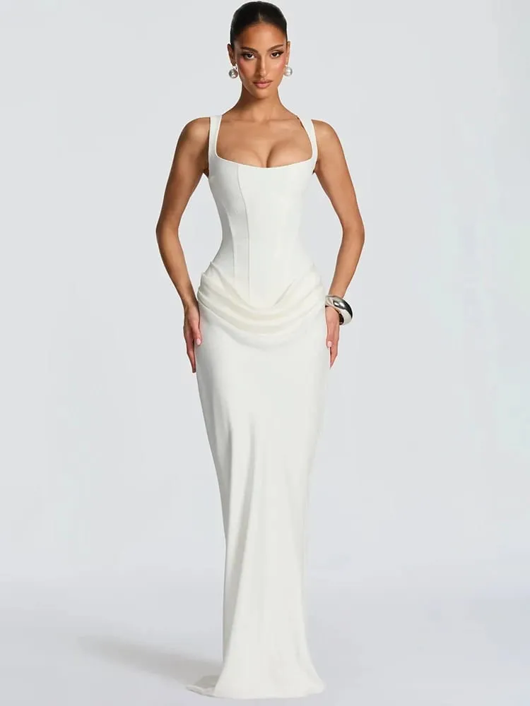 Mozision Backless Ruched Sexy Maxi Dress Women Elegant Square Collar Tapered Straps Sleeveless Bodycon Club Party Long Dress