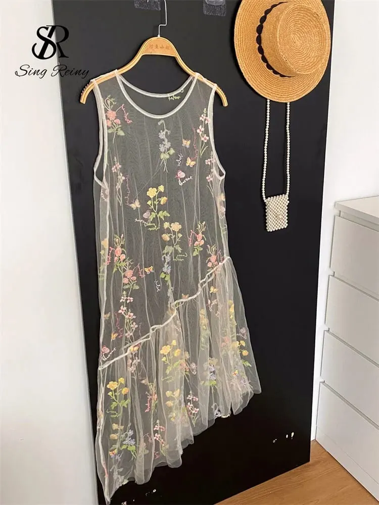 Holiday Floral Embroidery Long Dress 2026 Women O Neck Sleeveless Loose Irregular Summer French Mesh Bohemian Sundress