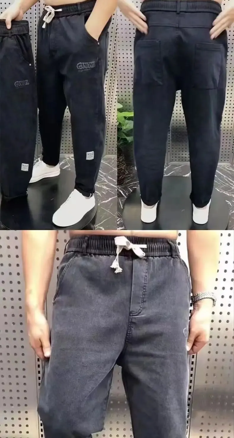 Harajuku Stretch Korea Streetwear Loose Solid Denim Jeans Elastic Waist for Men Spring Summer New plus size 7XL 8XL Casual Pants