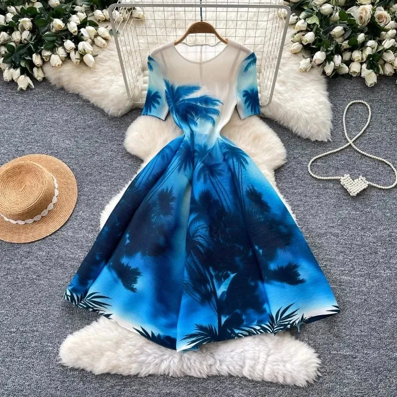 Miyake Pleated Geometric Print A-Line Dresses European New Short Sleeve Simple Elegant Commuter Plus Size Stretch Women's Dress