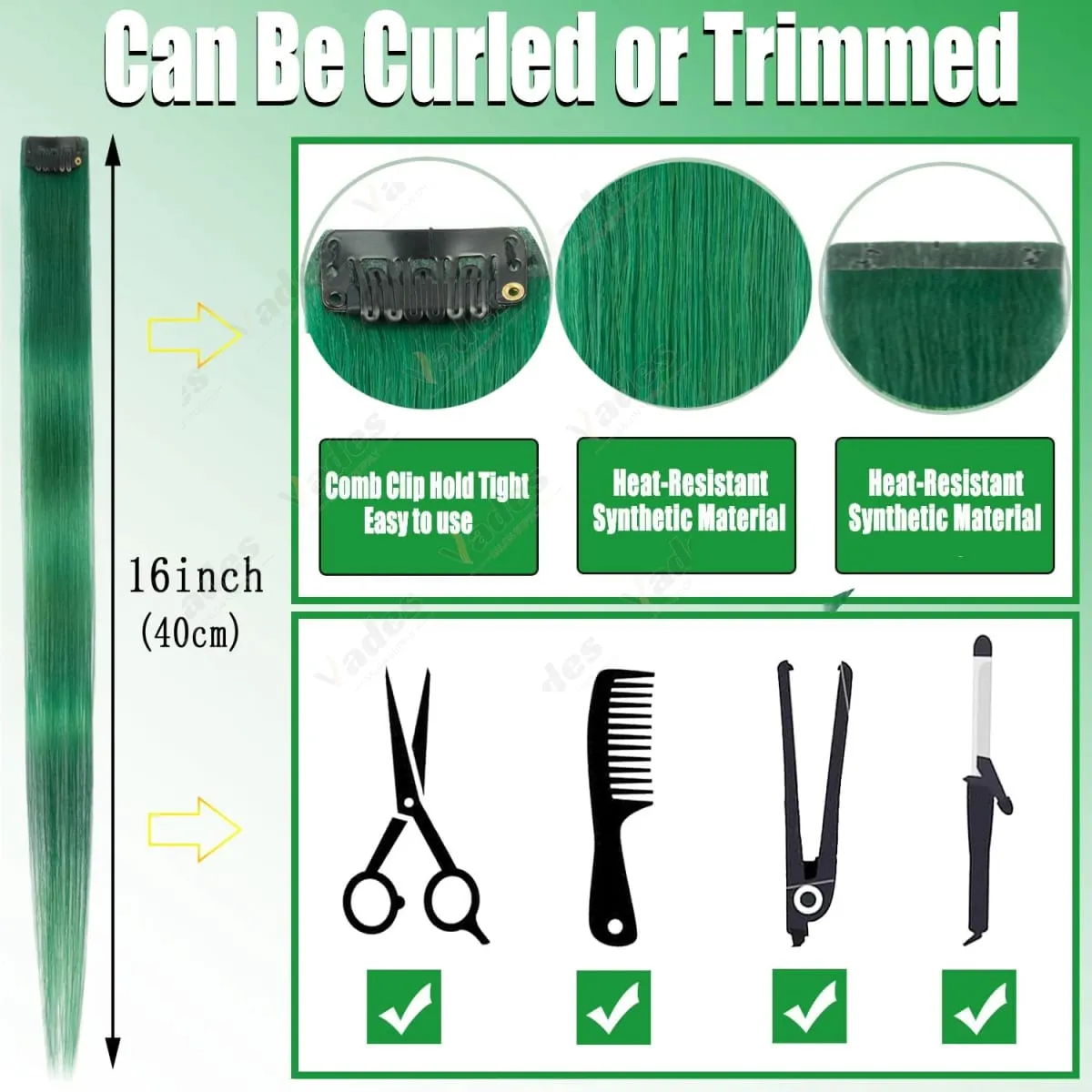 2 Pcs Green Hair Extensions 16Inches Straight Colored Hair Colorful Clip in Extensions Highlight Party for Girls and Women Gift