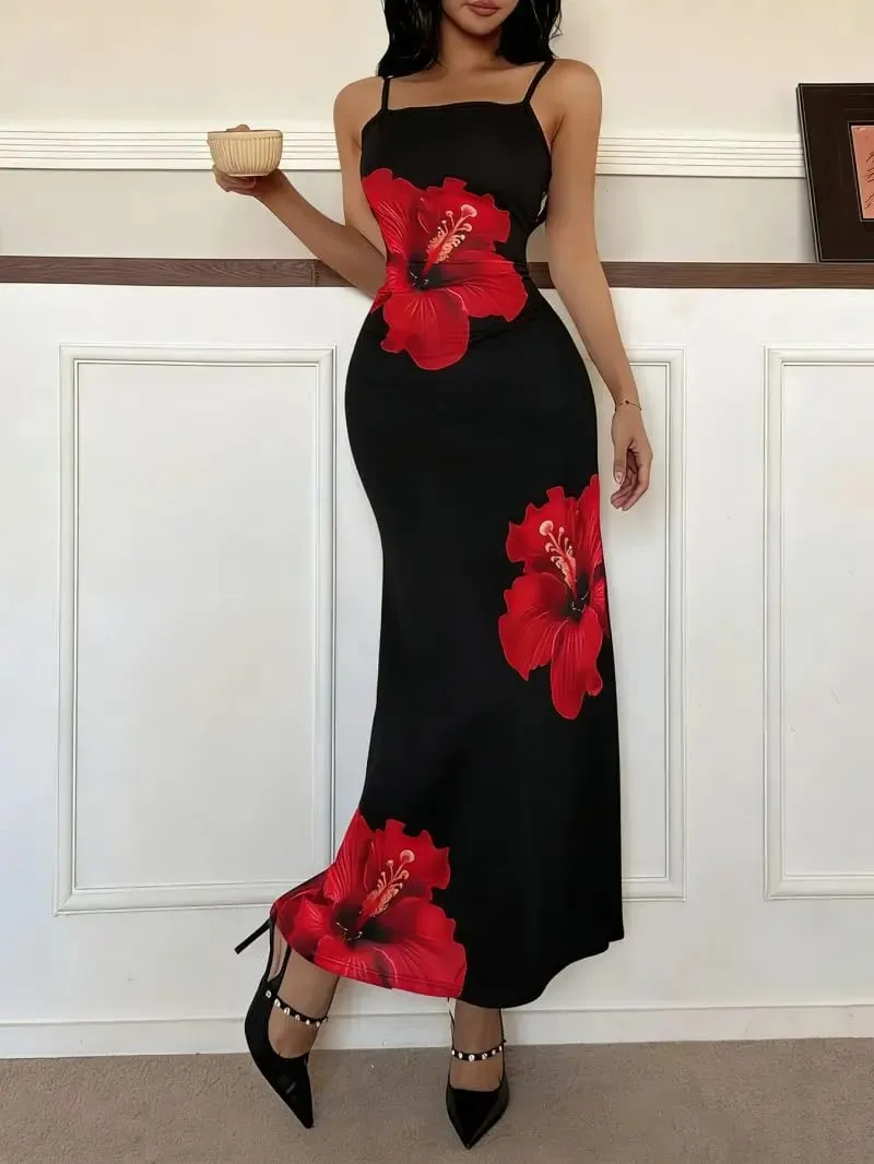 Slim Fit Thin Strap Camisole Long Dress Waist Cinching Slimming Temperament Hip Hugging Gown for Women