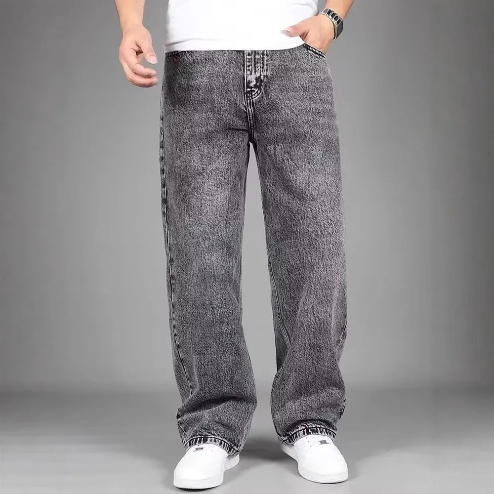Men Vintage Acid Wash Wide Leg Jeans Loose Baggy Straight Denim Pants Retro Gray Washed Casual Streetwear Long Trousers