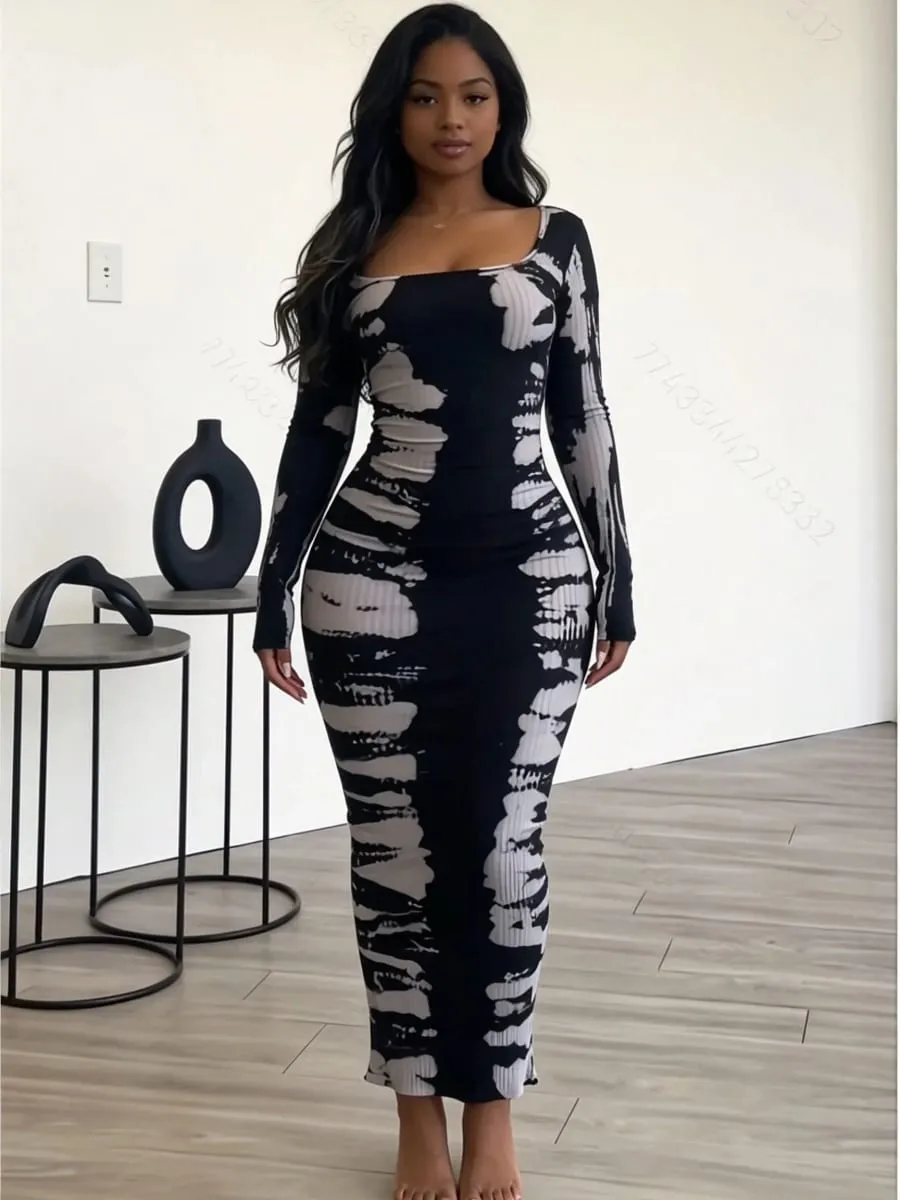 Slim Fit Hip Hugging Long Dress Square Collar Long Sleeves Waist Cinching Figure Show off Square Collar Long Skirt