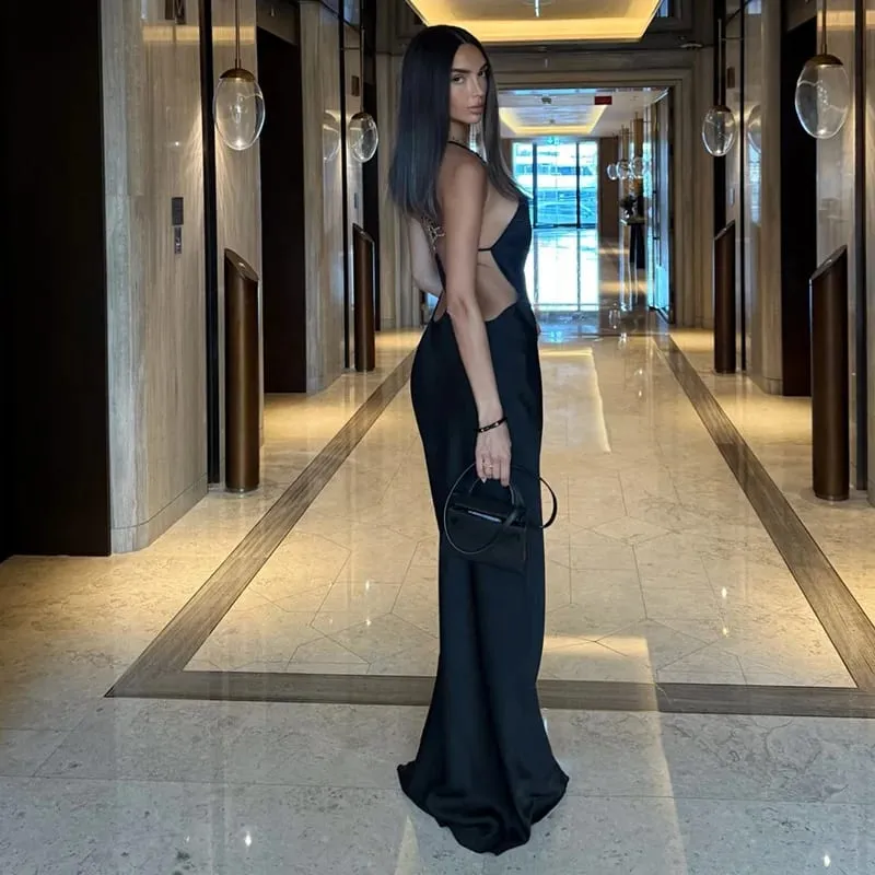 Cryptographic Vacation Women's Casual Dresses Sexy Socialite Style Long Dress Rhinestone Decor Slim Solid Backless Women's Gowns