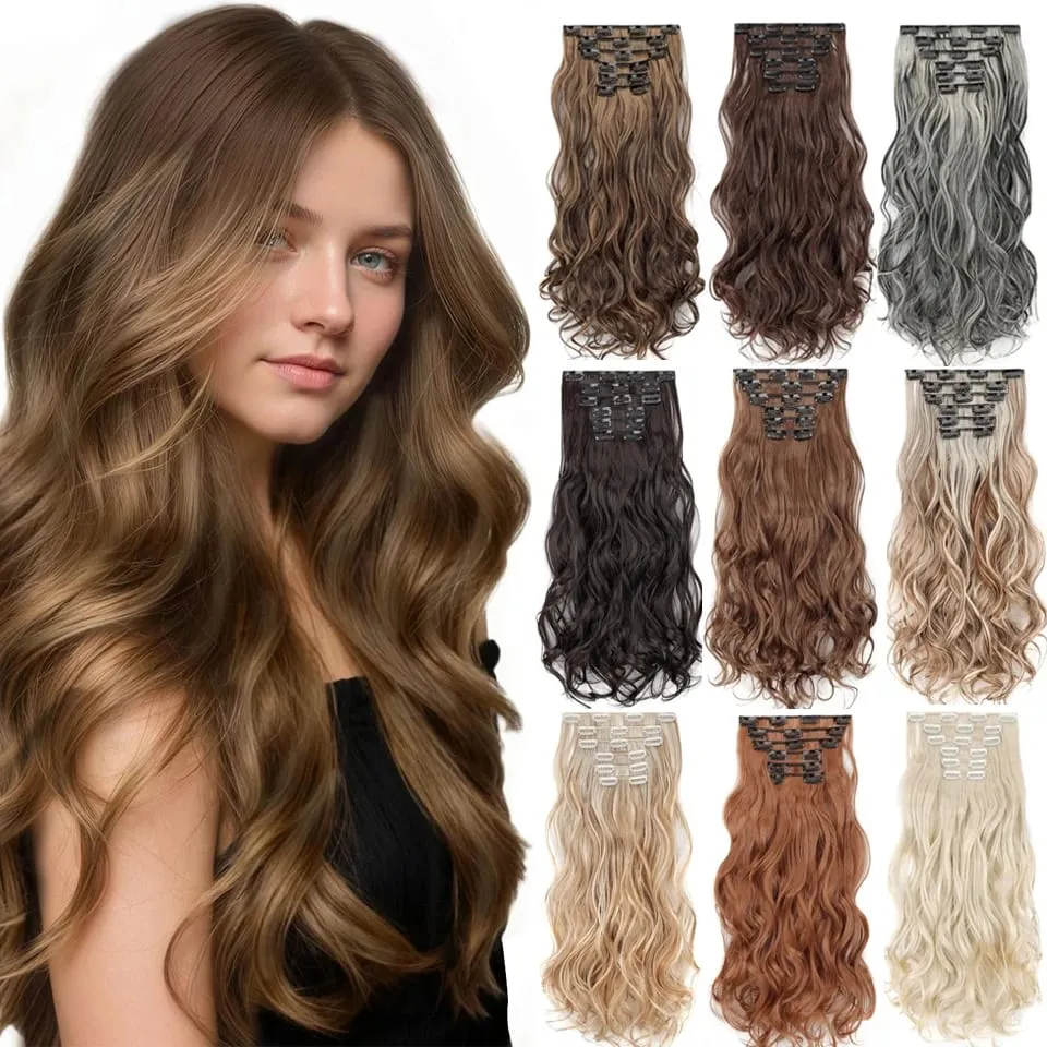 Women 20 Inches Wavy Curly Full Head 6 Separate Pieces Heat Resistance Synthetic Hair Clip in Hair Extensions