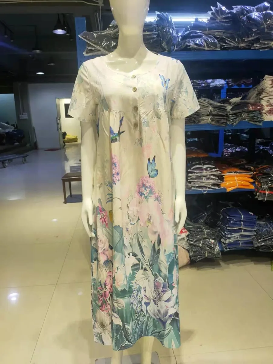 Women Dresses 2026 Spring autumn New floral printed V-neck button short-sleeved pocket long dresses women's clothing vestidoes