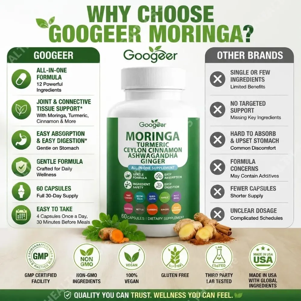 Googeer Moringa Zerdeçal Kapsülleri Ashwagandha Zencefil ve Seylan Tarçın ile Ortak Sağlık Desteği için Hepsi Bir Arada 60 Kapsül