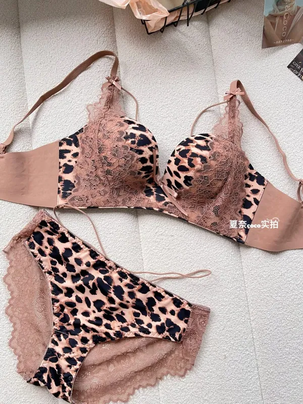 New Sexy Leopard Print Deep V Push Up Bra Lingerie Set for Women Small Bust Push Up Effect Anti Ptosis Daily Wear 32-38 Bra Set