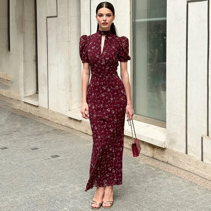 Linad Spring Elegant Print Long Dress Vintage High Waist Puff Sleeve Dresses Lady Casual Chiffon Turtleneck Dress For Women 2026