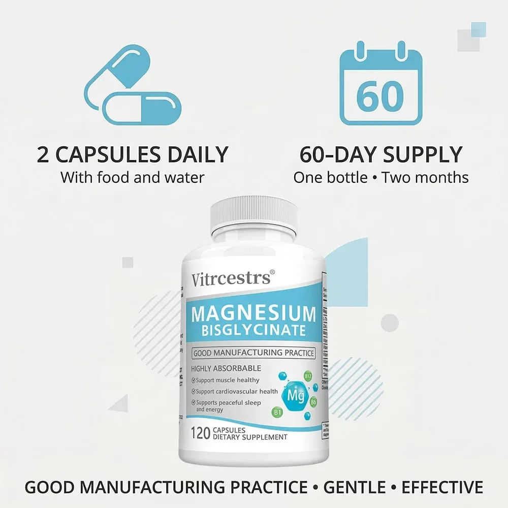 Magnesium Bisglycinate Capsules 450mg Daily Mineral Supplement Support Muscle Joint Cardiovascular and Digestive Body Wellness