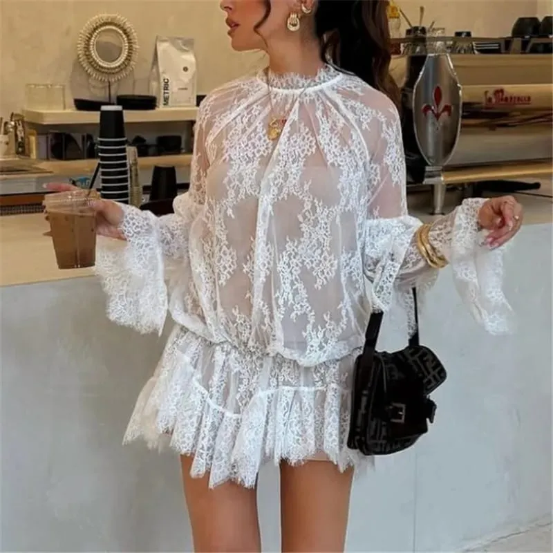 Women's See Through Lace Dress Long Sleeve Crew Neck Casual Loose Sheer Dress Vacation Beach Cocktail Mini Dresses