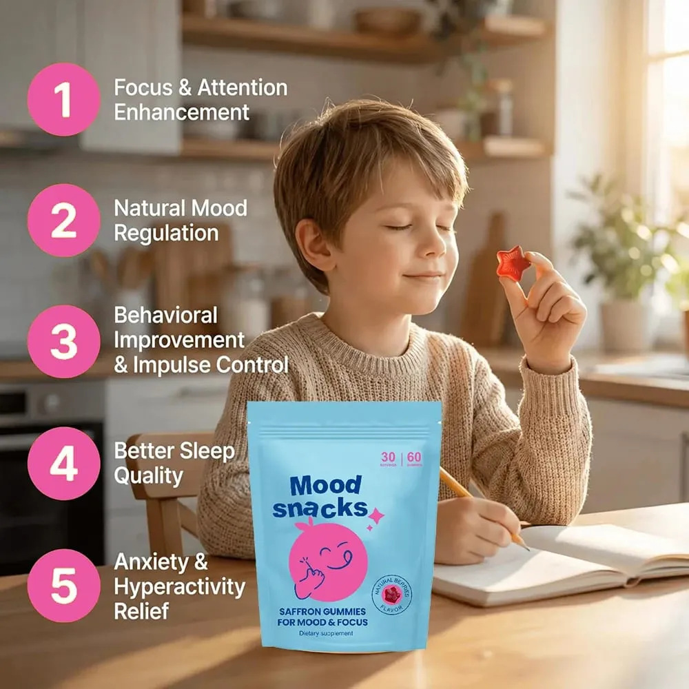 Gummies Safron untuk Kanak-kanak dengan Ekstrak Safron Bunga Keghairahan & Suplemen Sokongan Mood Tenang GABA untuk Mood Fokus & Relaksasi