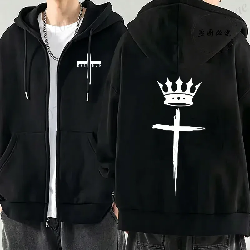 New Fashion Zipper Hoodies Christ Jesus Cross Print Men Hoodies Sweatshirts Fleece Hip Hop Street Hoodie Zip Up Sweatshirts Top