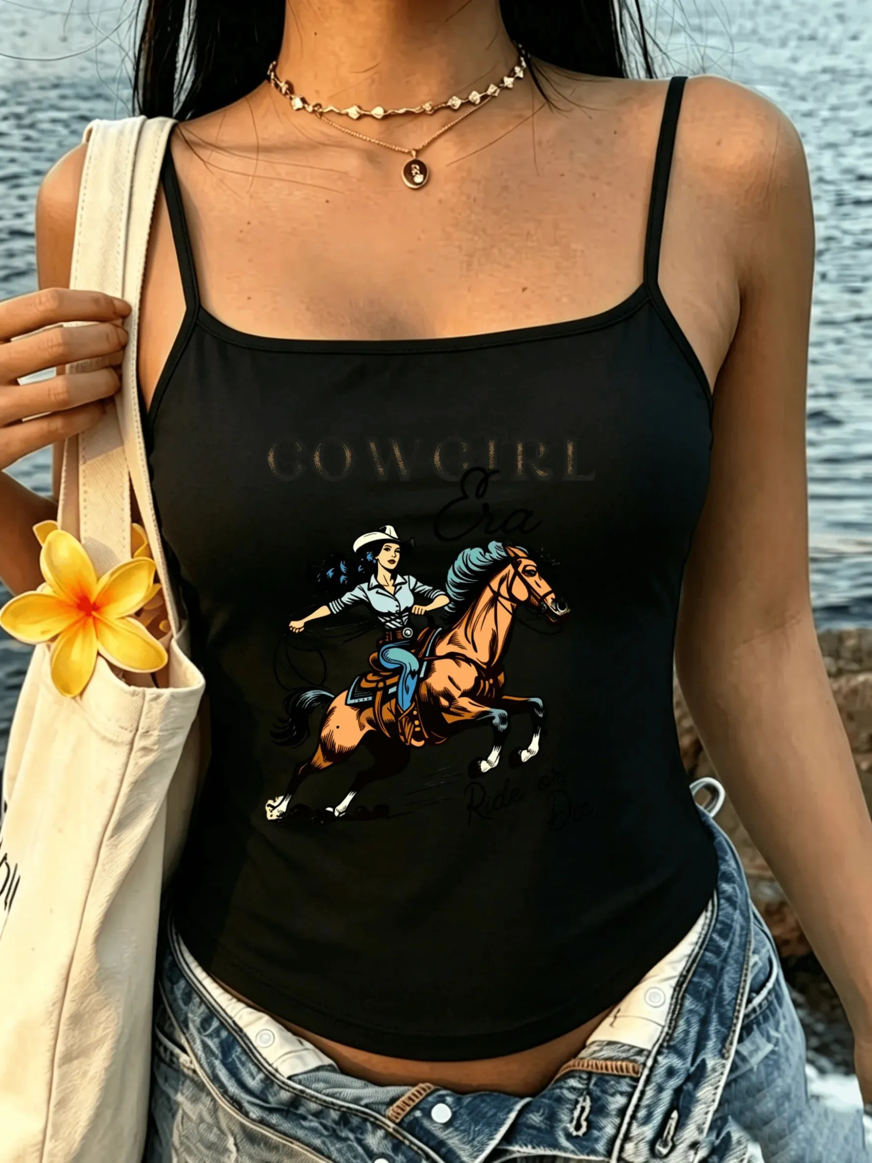 Western Country Women Tank Top Retro Cowgirl Horse Ride Or Die Letter Graphic Spaghetti Strap Camisole Summer Sleeveless Vest