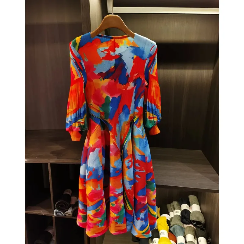 Spring New Oil Painting Print Ruched Dress Women's Beach Vacation Platycodon French Long Dress Fairy Style