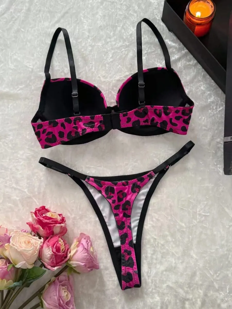 Women's Sexy Leopard Print Lingerie Set Comfortable Close-Fitting Push-Up Bra with Steel Ring Gathering