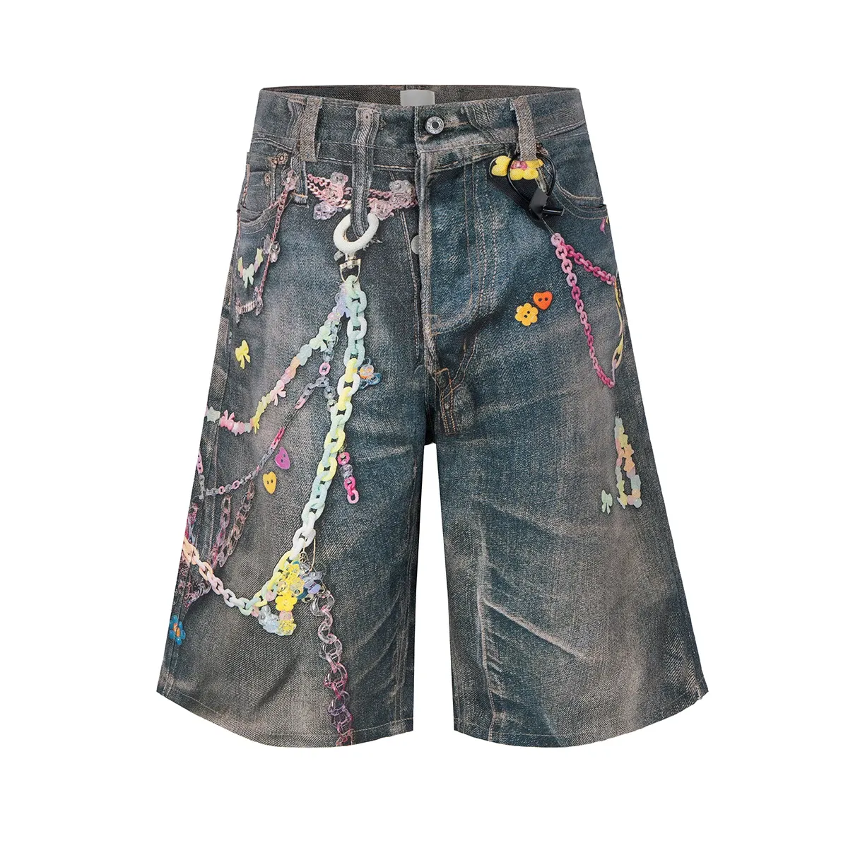 3D Print Baggy Jeans Shorts Men Streetwear Candy Chain Patchwork Summer Wide Leg Casual Loose Knee Length Pants Oversized