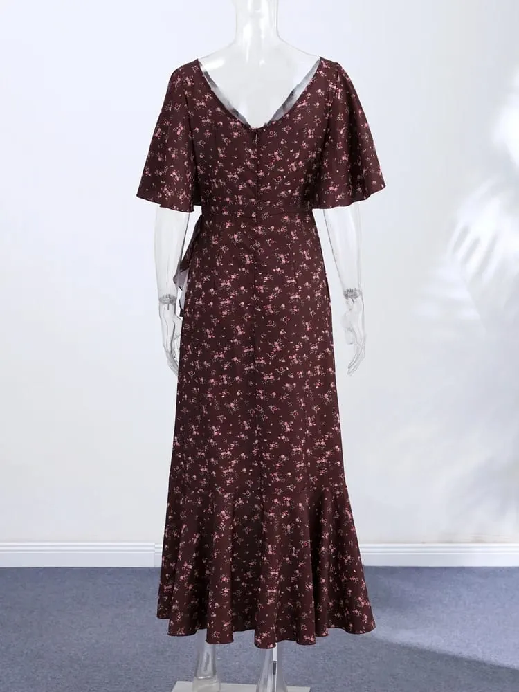 Fashion Printed Women's Dress Short Sleeve V-Neck Ruffle Waist-Closed Side Split Floral Dresses 2026 Summer Elegant Female Robe