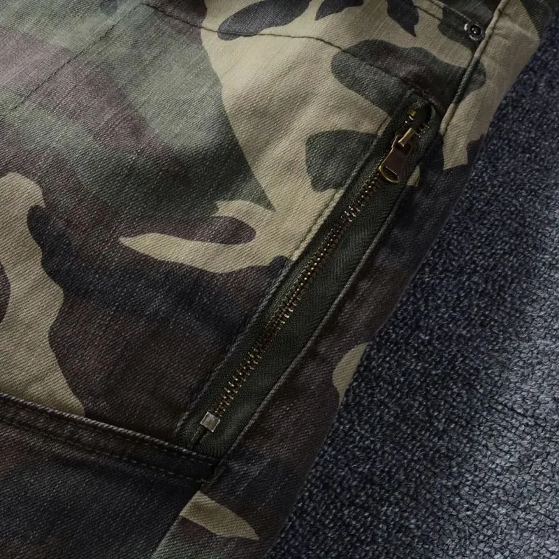Designer Fashion Men Jeans High Quality Camo Stretch Slim Fit Vintage Jeans Men Side Pocket Spliced ​​Hip Hop Denim Pencil Pants