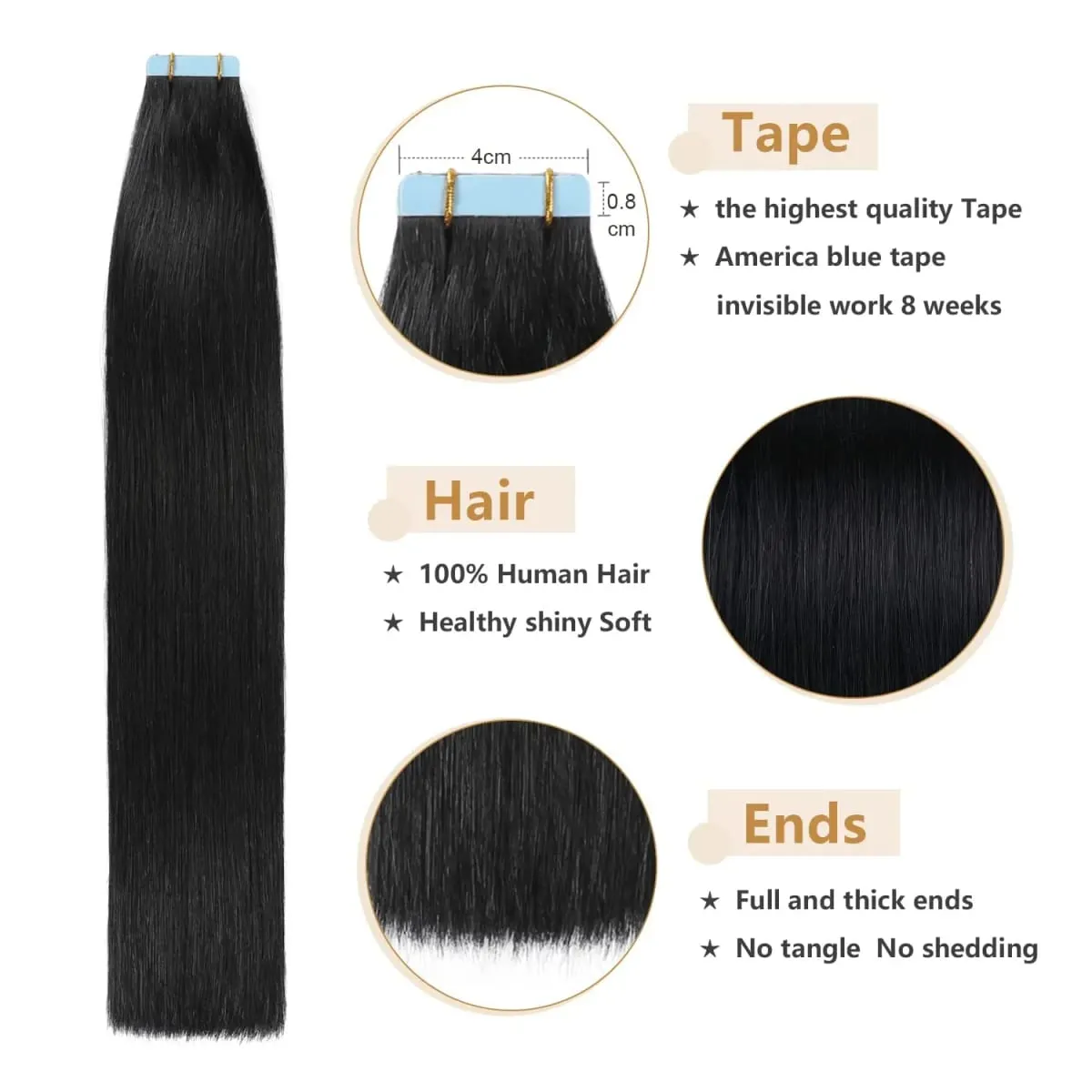 Tape In Hair Extensions 12-20 inch 20 Pcs Set 100% Human Hair Remy Wefts Glue Easy Application for Thin Hair Thick Hair Instant